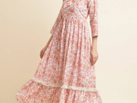 Orange Linen Floral Printed Fit & Flare Dress - Yukti on Sale