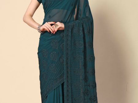 Teal Georgette Embroidered and Stone Work Saree with Unstitched Blouse Piece - Roozal Supply