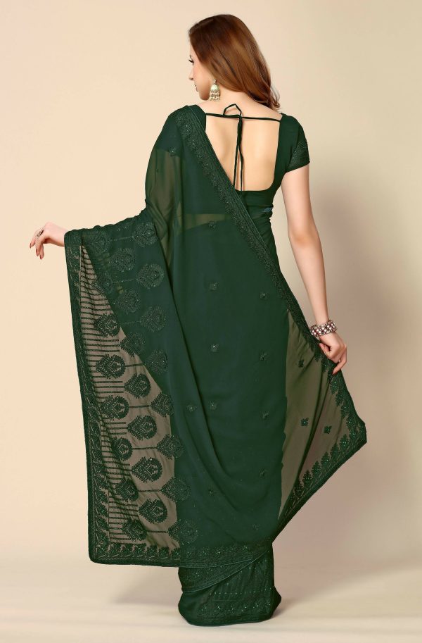 Green Georgette Embroidered and Stone Work Saree with Unstitched Blouse Piece - Roozal Online now