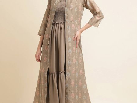 Brown Cotton Solid Flared Dress with Printed Shrug - Yukti For Cheap