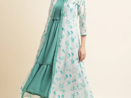 Light Blue Cotton Solid Flared Dress with Printed Shrug - Yukti Online Hot Sale