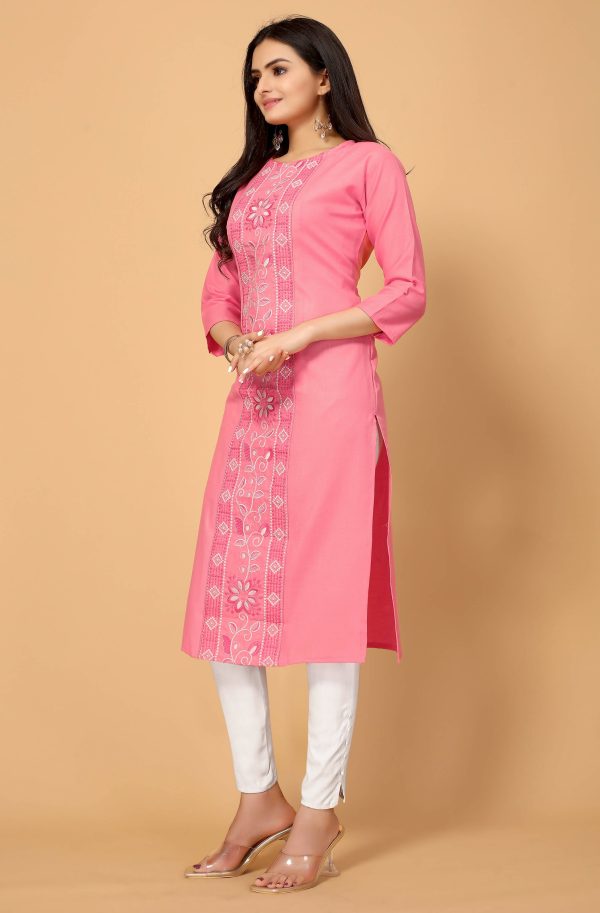 Light Pink Cottan Slub Embroidery Kurti - Umi Supply