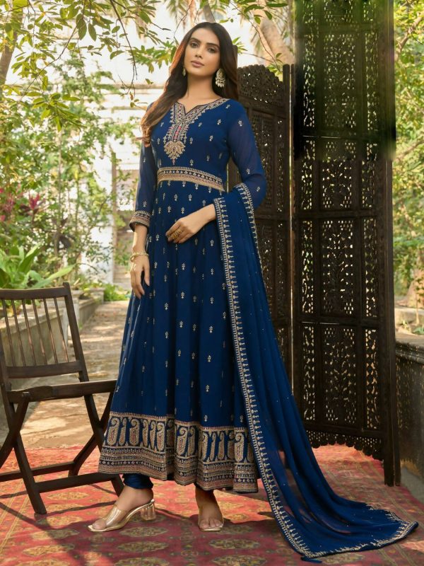 Blue Heavy Faux Georgette Anarkali Embroidered Kurta Set - Dhvani For Cheap