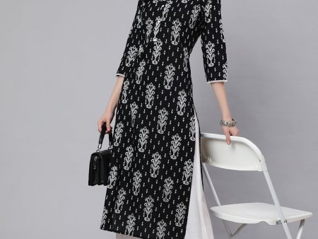 NOZ2TOZ Women Black Printed Straight Kurta With Three Qurter Sleeves Online Hot Sale