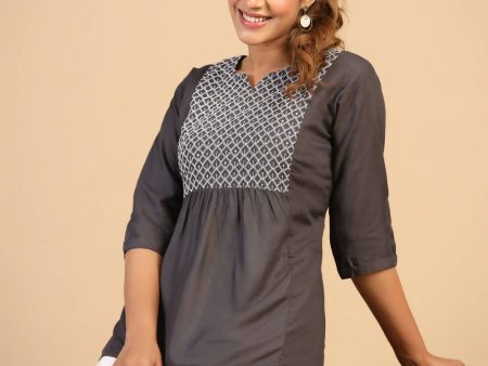 Womens Grey Rayon Yoke Embroidered Top - Keeva For Sale