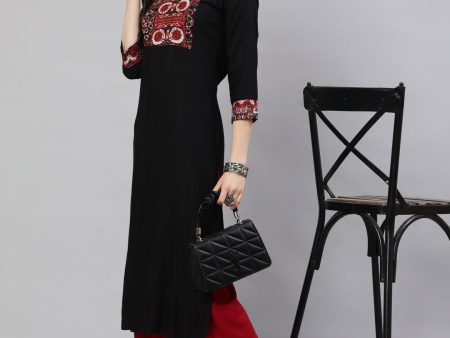 NOZ2TOZ Women Black Printed Yoke Straight Kurta With Three Qurter Sleeves Online Hot Sale