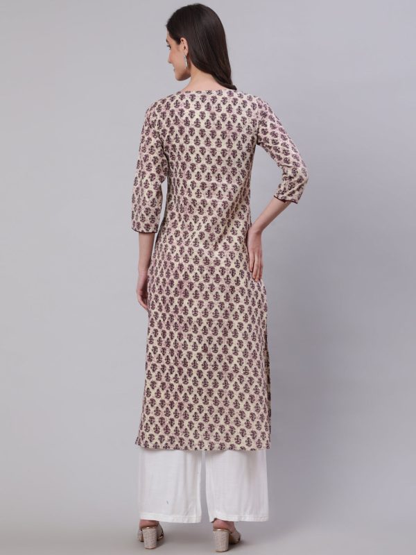 NOZ2TOZ Women Beige Ethnic Printed Straight Kurta With Three Quarter Sleeves Discount