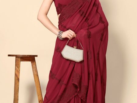 Maroon Georgette Embroidered and Stone Work Saree with Unstitched Blouse Piece - Roozal Online