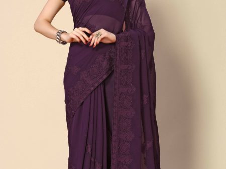 Purple Georgette Embroidered and Stone Work Saree with Unstitched Blouse Piece - Roozal Supply