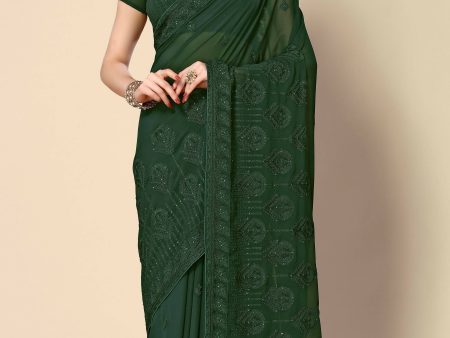 Green Georgette Embroidered and Stone Work Saree with Unstitched Blouse Piece - Roozal Online now