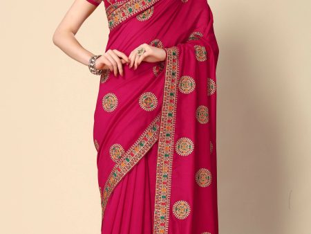 Pink Chinon Embroidered Saree with Unstitched Blouse Piece - Roozal Sale