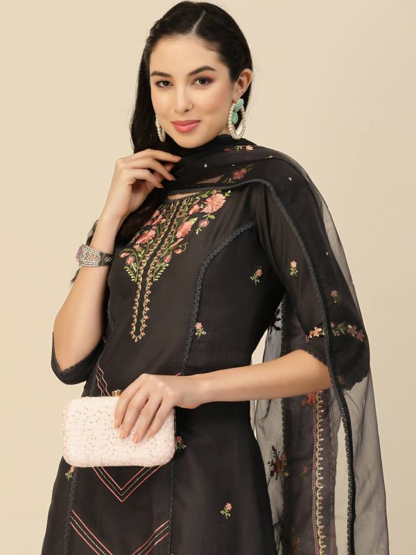 Black Embroidered Chinon Straight Kurta With Trouser & Dupatta - Salimar For Cheap