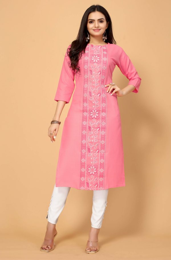 Light Pink Cottan Slub Embroidery Kurti - Umi Supply