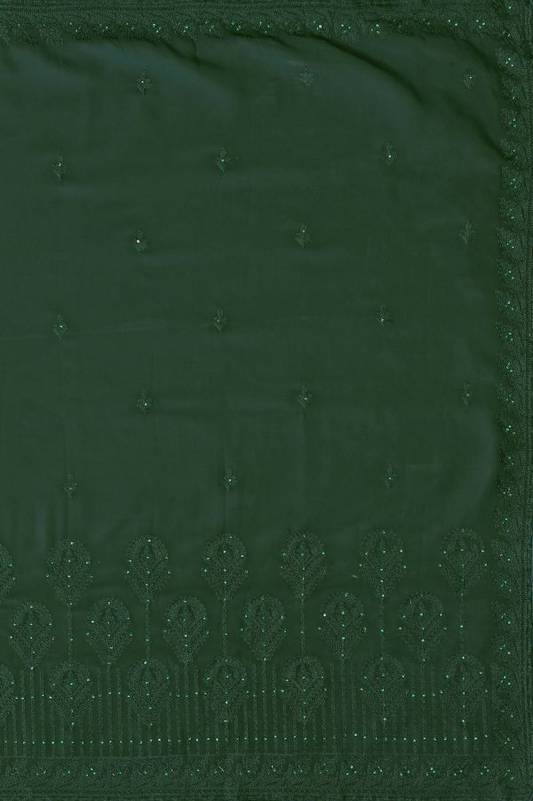 Green Georgette Embroidered and Stone Work Saree with Unstitched Blouse Piece - Roozal Online now