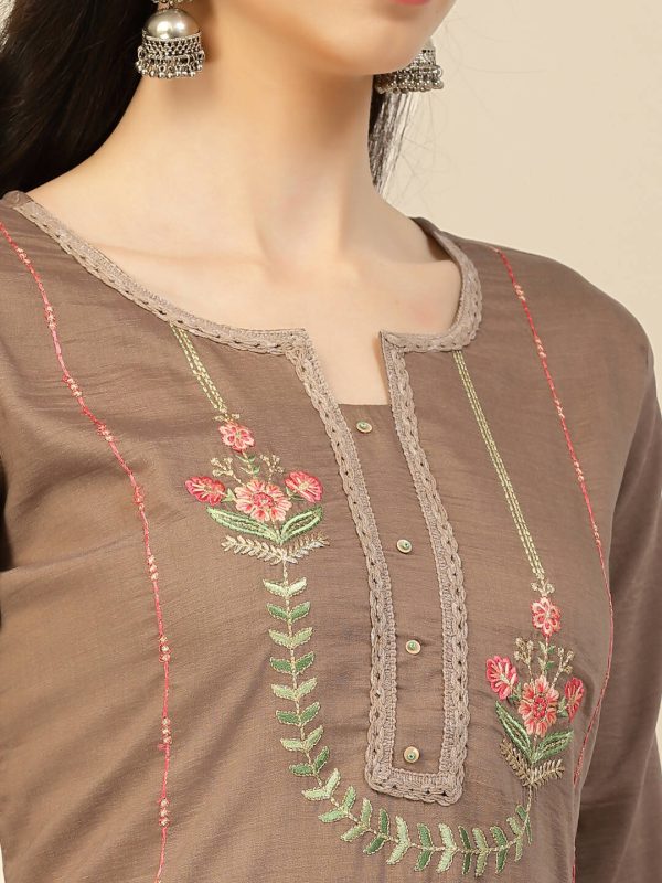 Brown Embroidered Chinon Straight Kurta With Trouser & Dupatta - Salimar Online Hot Sale