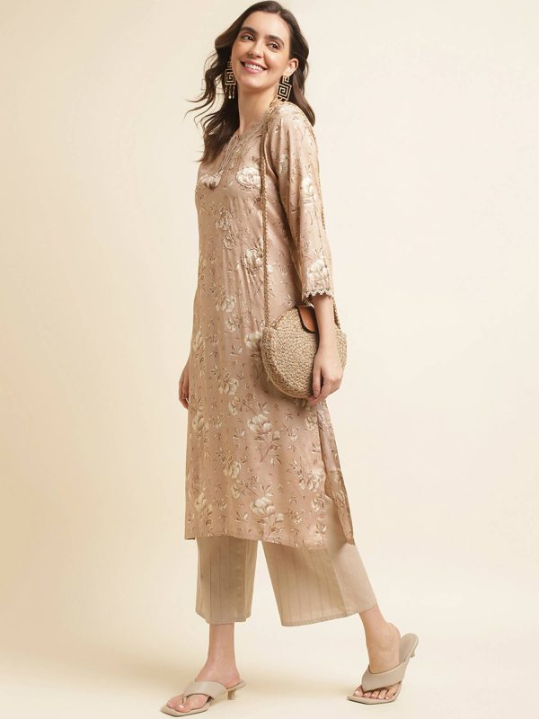 Beige Poly Rayon Floral Printed Straight Kurta - Prasuti Discount