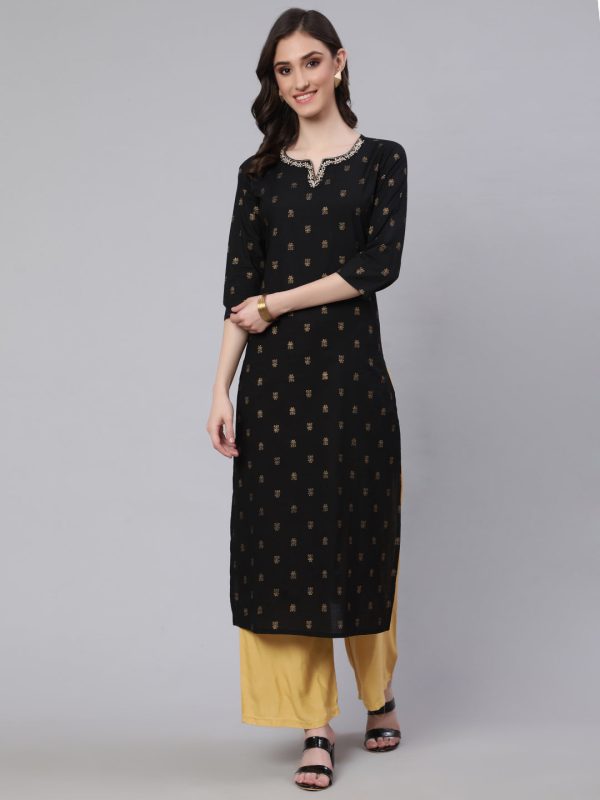 NOZ2TOZ Women Black Embroidered Neckline Straight Kurta For Discount