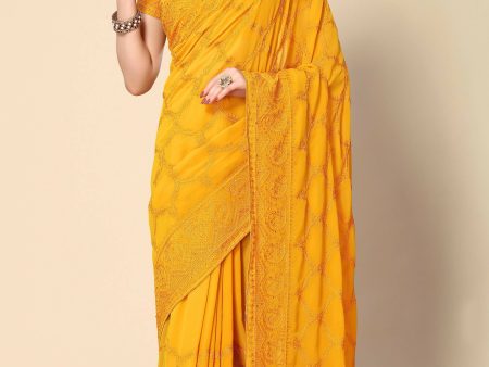 Mustard Georgette Embroidered and Stone Work Saree with Unstitched Blouse Piece - Roozal Hot on Sale