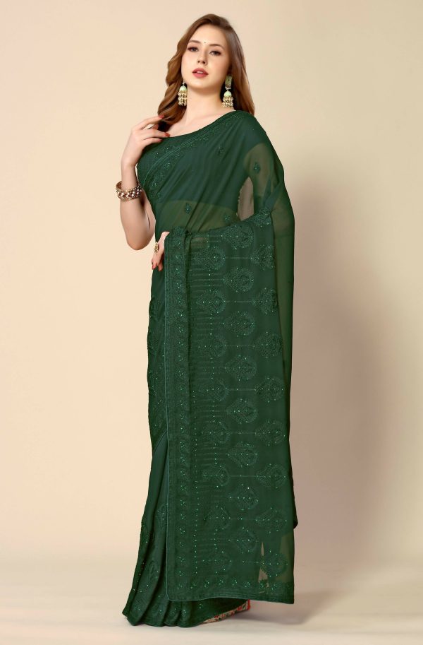 Green Georgette Embroidered and Stone Work Saree with Unstitched Blouse Piece - Roozal Online now