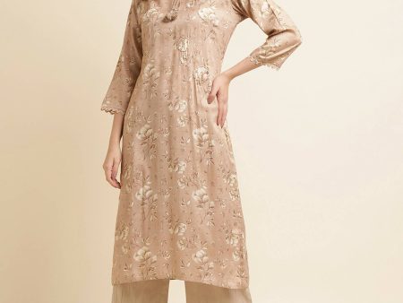 Beige Poly Rayon Floral Printed Straight Kurta - Prasuti Discount