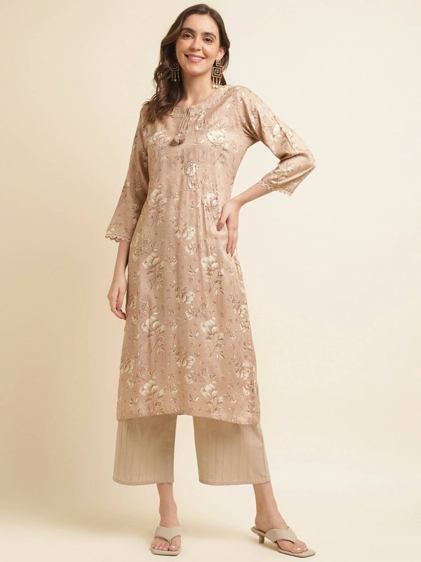 Beige Poly Rayon Floral Printed Straight Kurta - Prasuti Discount