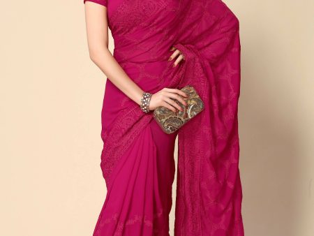 Pink Georgette Embroidered and Stone Work Saree with Unstitched Blouse Piece - Roozal Hot on Sale