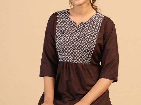 Womens Brown Rayon Yoke Embroidered Top - Keeva Online Sale