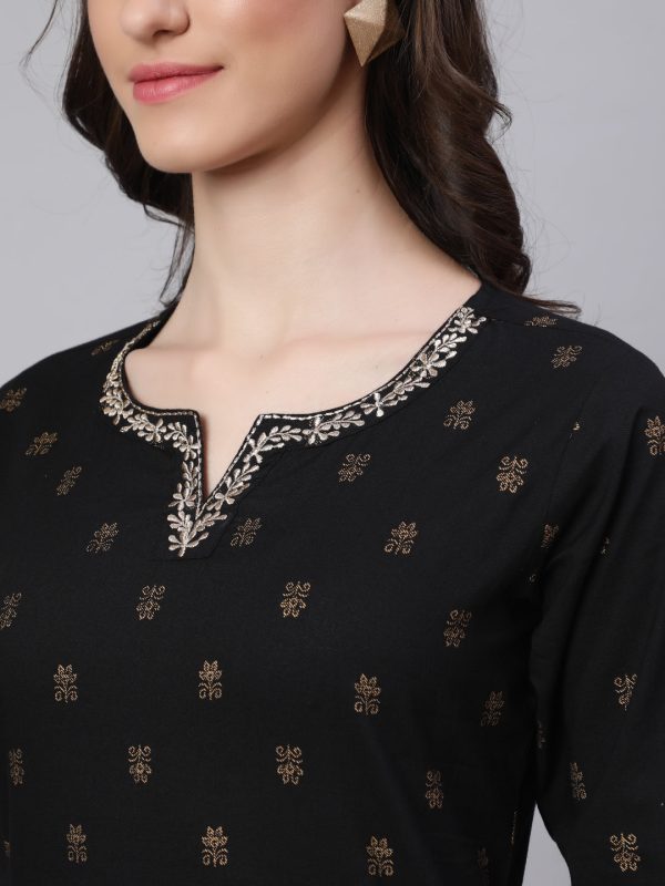 NOZ2TOZ Women Black Embroidered Neckline Straight Kurta For Discount