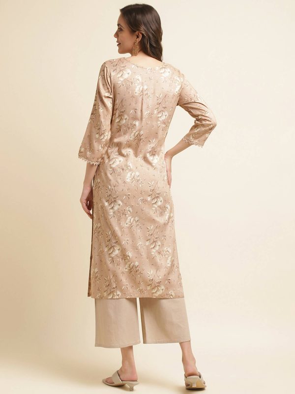 Beige Poly Rayon Floral Printed Straight Kurta - Prasuti Discount