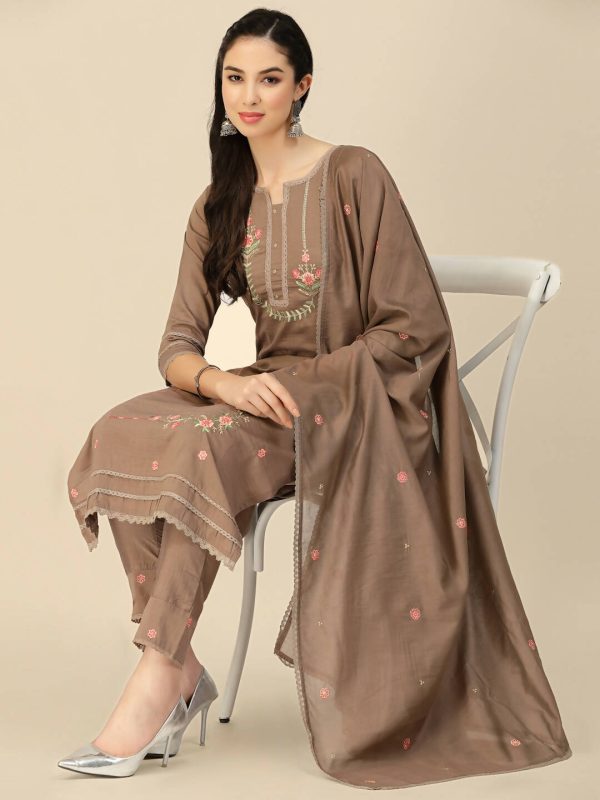 Brown Embroidered Chinon Straight Kurta With Trouser & Dupatta - Salimar Online Hot Sale