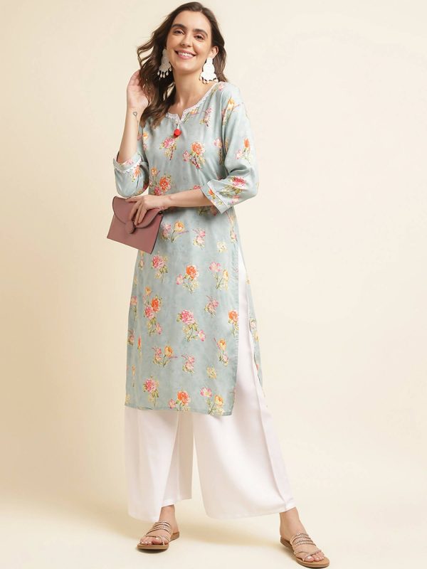 Blue Poly Rayon Floral Printed Straight Kurta - Prasuti Discount