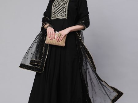 NOZ2TOZ Women Black Embroidered Flared Kurta With Trouser And Net Dupatta Online now