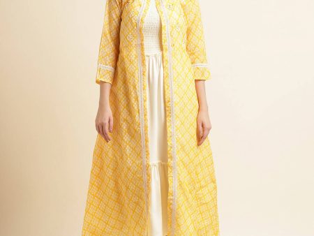 White Cotton Solid Flared Dress with Printed Shrug - Yukti Hot on Sale