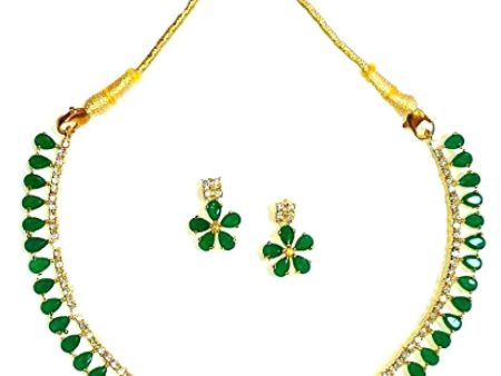 Gold-Plated Alloy American Diamond Green Necklace Set - The Pari For Sale