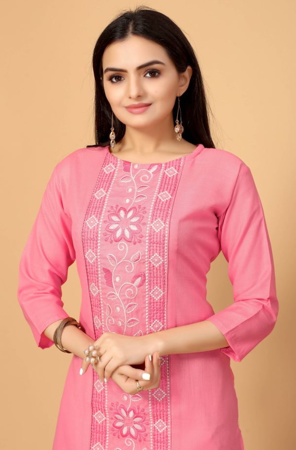 Light Pink Cottan Slub Embroidery Kurti - Umi Supply