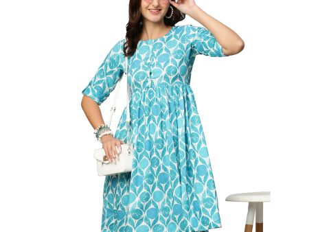 Blue & White Ethnic Motifs Printed Cotton A-Line Dress - Poonam Online Hot Sale