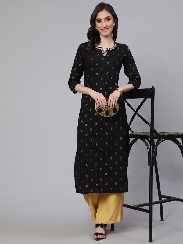 NOZ2TOZ Women Black Embroidered Neckline Straight Kurta For Discount