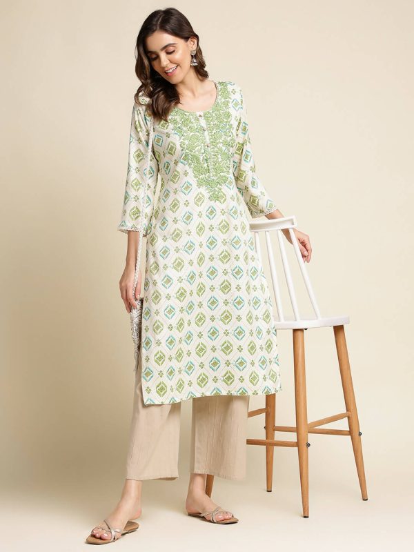 Green Poly Rayon Aztec Printed Straight Fit Kurta - Prasuti For Discount