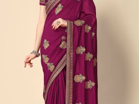 Wine Chinon Embroidered Saree with Unstitched Blouse Piece - Roozal For Discount