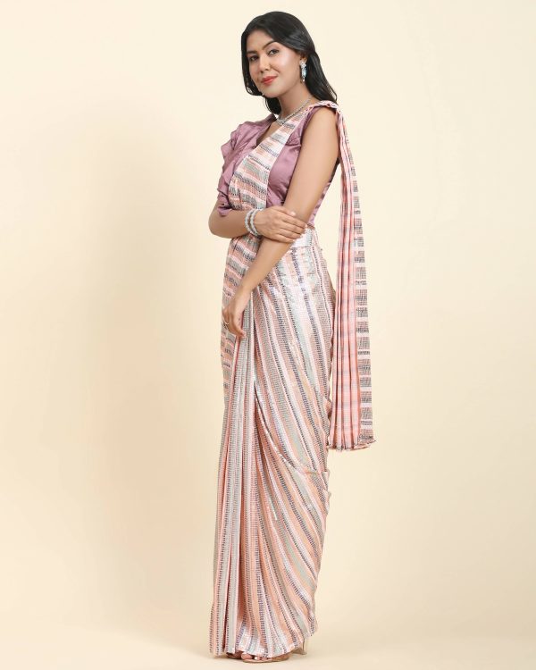 Peach Pure Georgette Sequence work Ready to wear Saree with stitched Blouse - Satiksha For Cheap