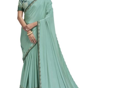 Aqua Blue Crepe Silk Sequence & Lace Work On Border Saree With Blouse Piece - Norita Avyaan For Sale