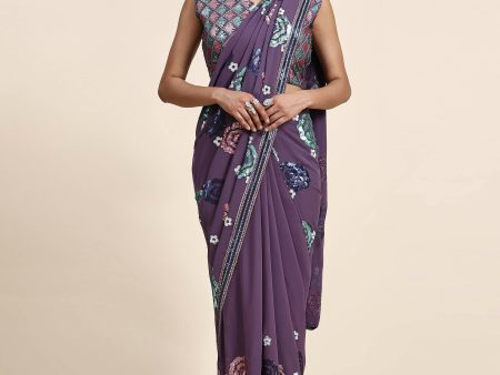 Purple Pure Georgette Sequence work Ready to wear Saree with stitched Blouse - Nirvana Sale