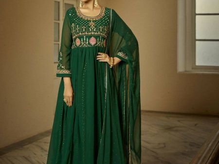 Green Heavy Faux Georgette Anarkali Embroidered Kurta Set - Dhvani For Sale