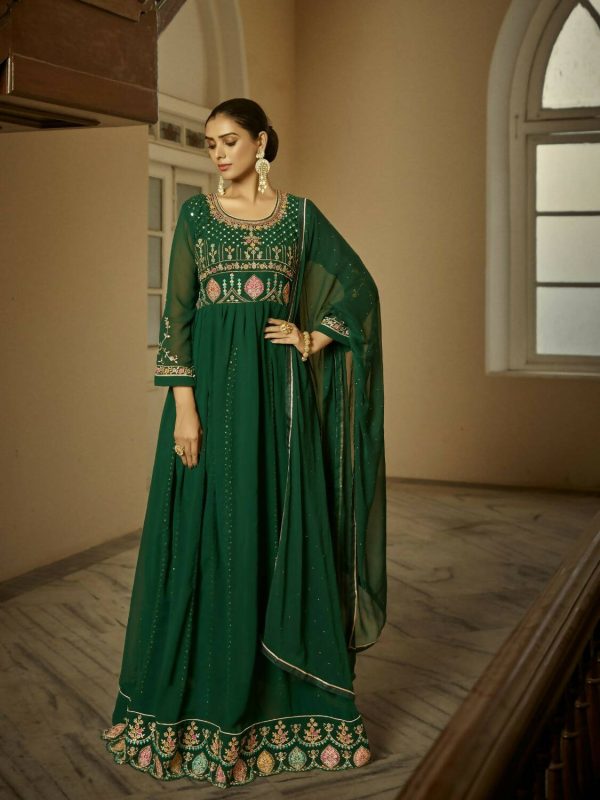 Green Heavy Faux Georgette Anarkali Embroidered Kurta Set - Dhvani For Sale