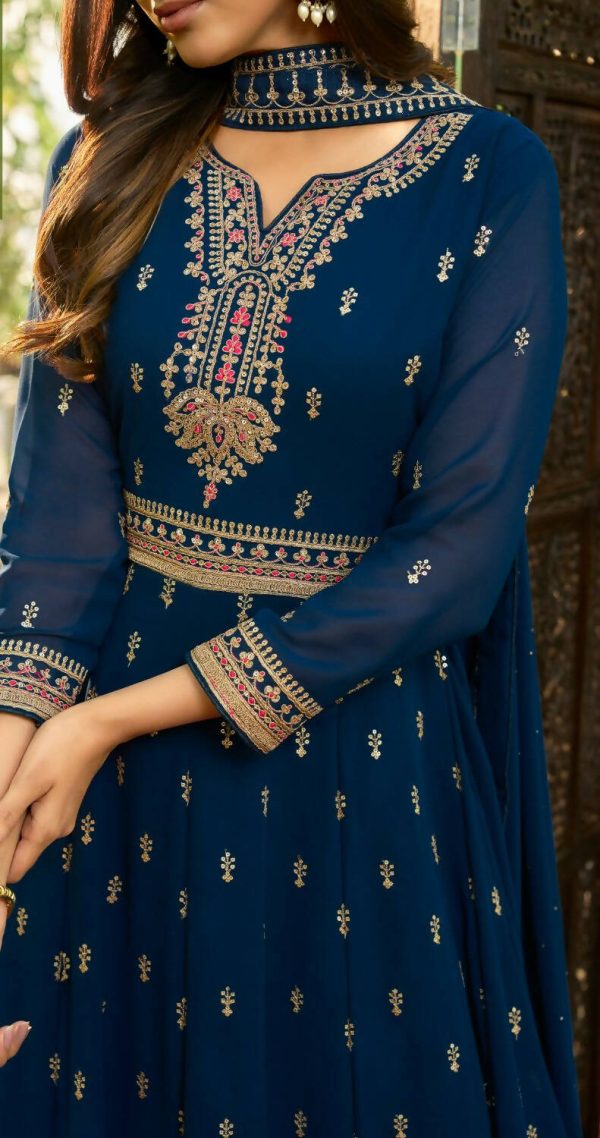 Blue Heavy Faux Georgette Anarkali Embroidered Kurta Set - Dhvani For Cheap