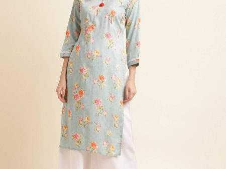 Blue Poly Rayon Floral Printed Straight Kurta - Prasuti Discount