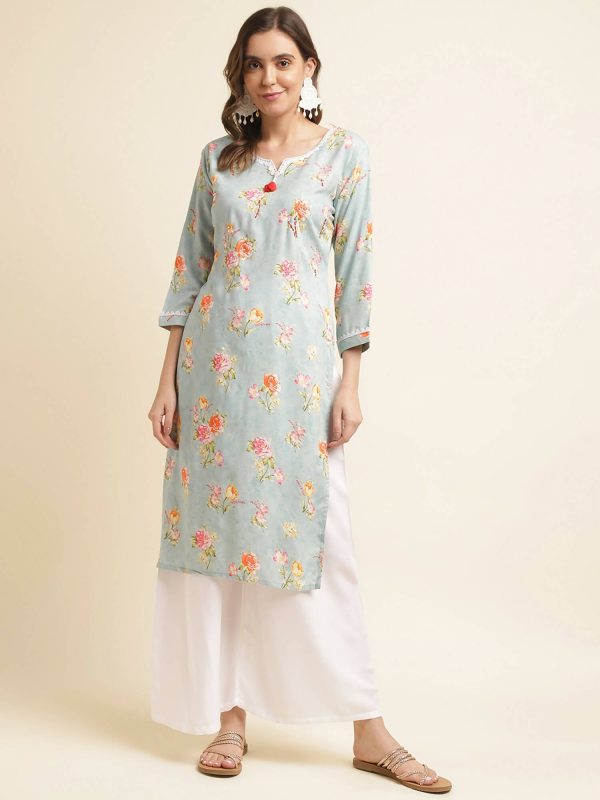 Blue Poly Rayon Floral Printed Straight Kurta - Prasuti Discount