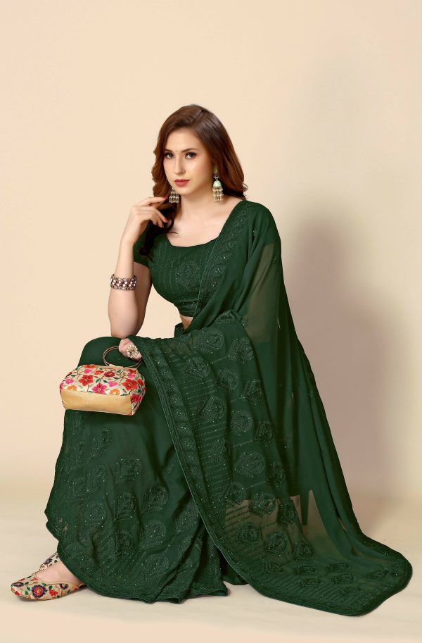 Green Georgette Embroidered and Stone Work Saree with Unstitched Blouse Piece - Roozal Online now