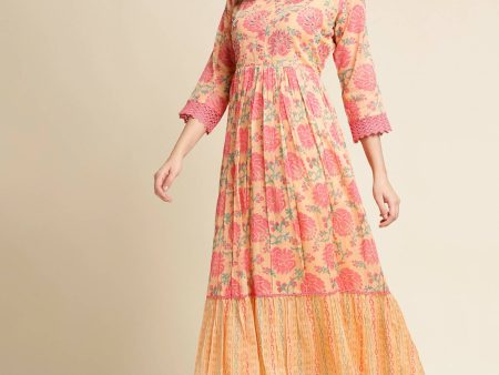 Peach Cotton Floral Printed Fit & Flare Dress - Yukti Online now