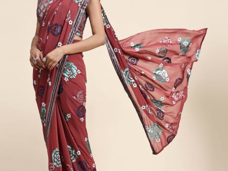 Peach Pure Georgette Sequence work Ready to wear Saree with stitched Blouse - Nirvana on Sale